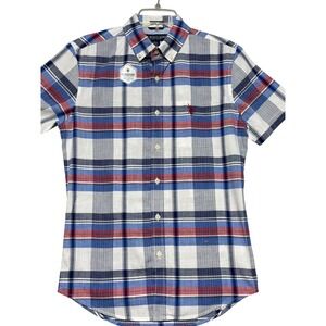 US Polo Assn Mens XS Short Sleeve Plaid Button Down Shirt Red White Blue Stretch